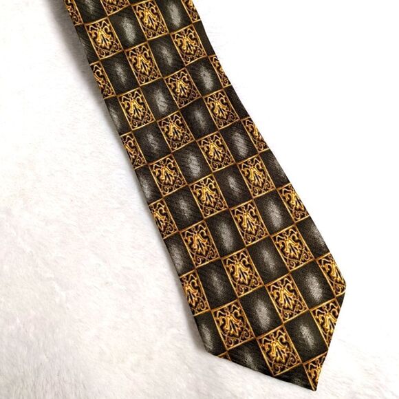 Men's Vintage 100% Silk Tie Made in Italy - Checkerboard Crest Motif - Picture 7 of 16